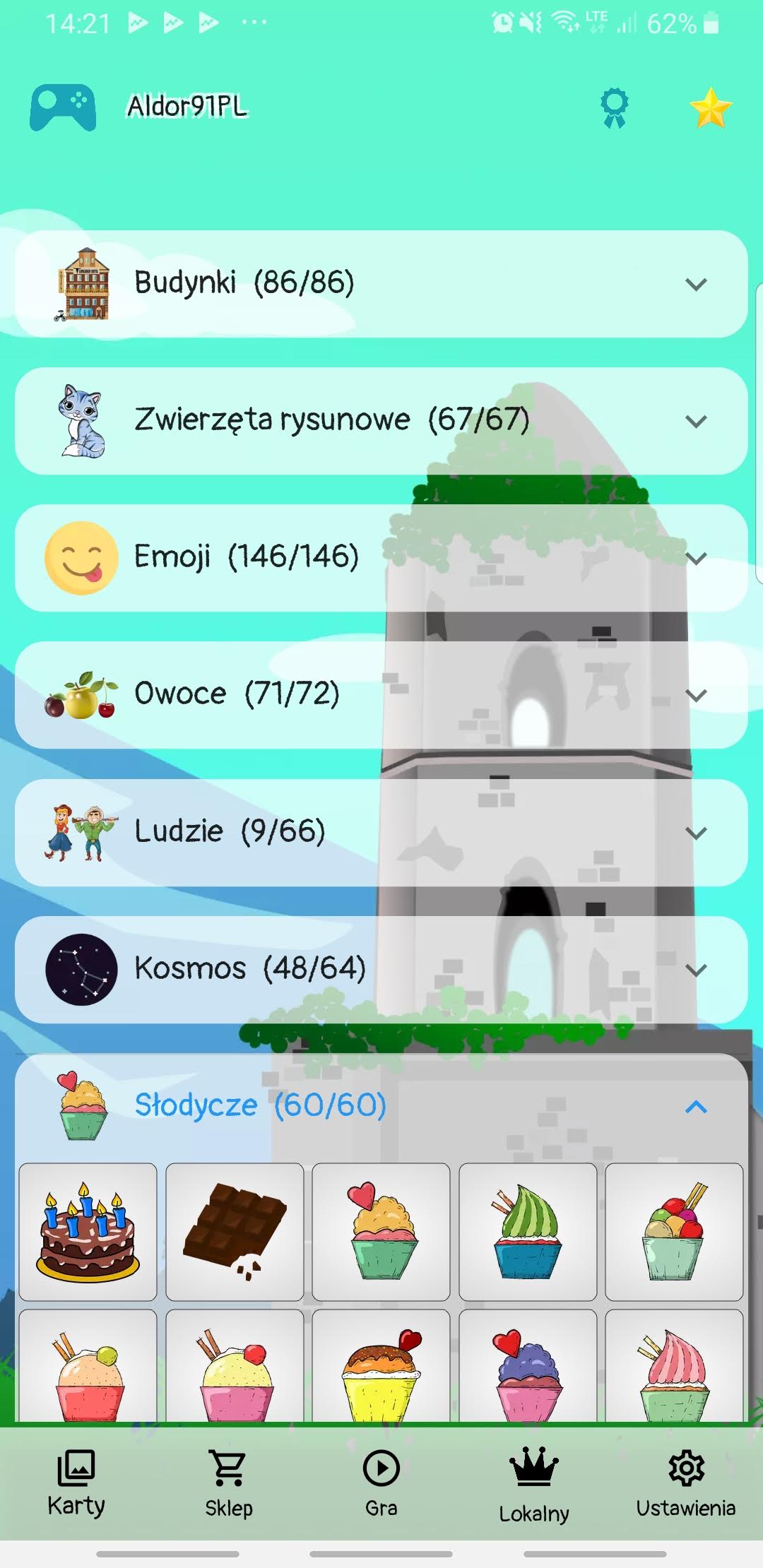 Lista kolekcji Cards Matching z postępem w wielu kategoriach